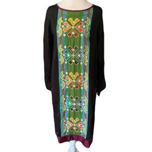 Gudrun Sjoden Small Black Colorful Embroidered Embellished Midi Dress Boho Artsy